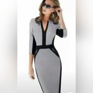 HOMEYEE Grey/Black Colorblock V-Neck 3/4 sleeve Dress Sz 18